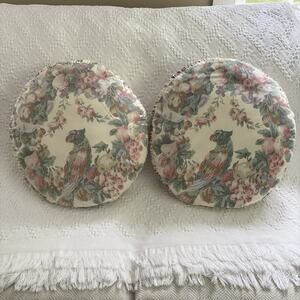 Vintage Round Floral Bird Pastel Tropical Cottagecore Ruched Edge Throw Pillows